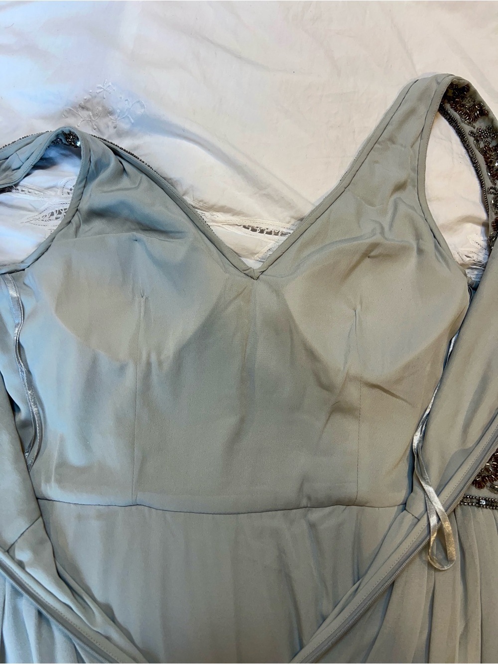 BHLDN by Anthropologie Pale Bluish Gray Beaded V-Neck Pleated Maxi Dress Size 4 - Picture 8 of 15